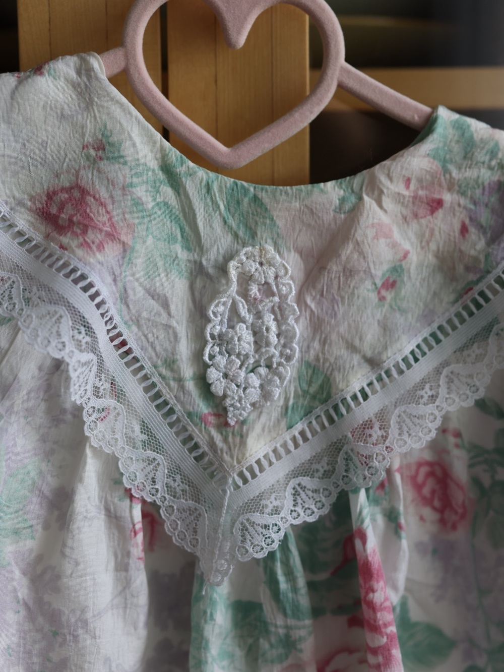 Girls White Floral Lace Yoke Dress - Pink & Green